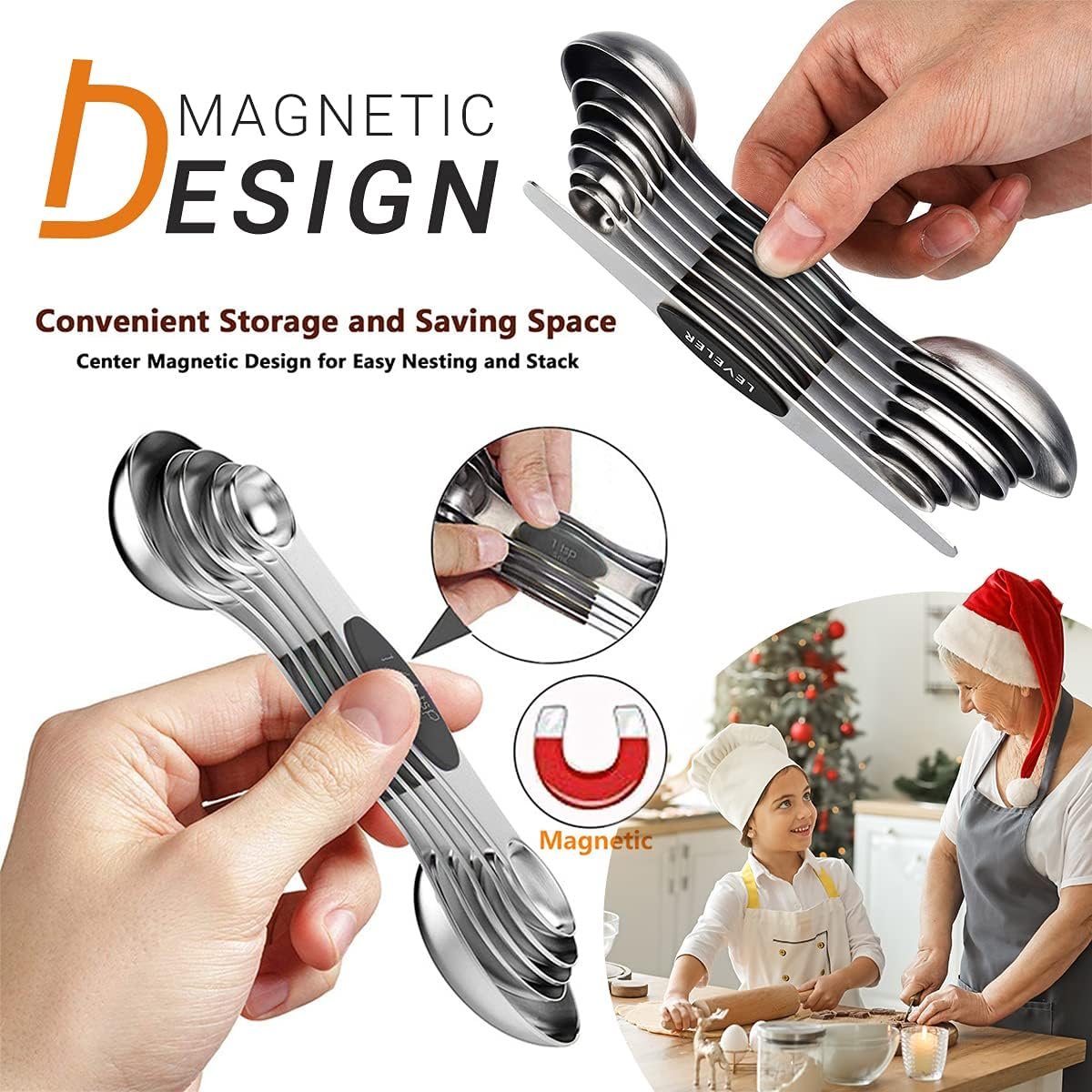 DILISS Magnetic Measuring Spoons Set, Dual Sided, Stainless Steel, Fits in Spice Jars, Set of 8 for Measuring Dry and Liquid Ingredients (Black)