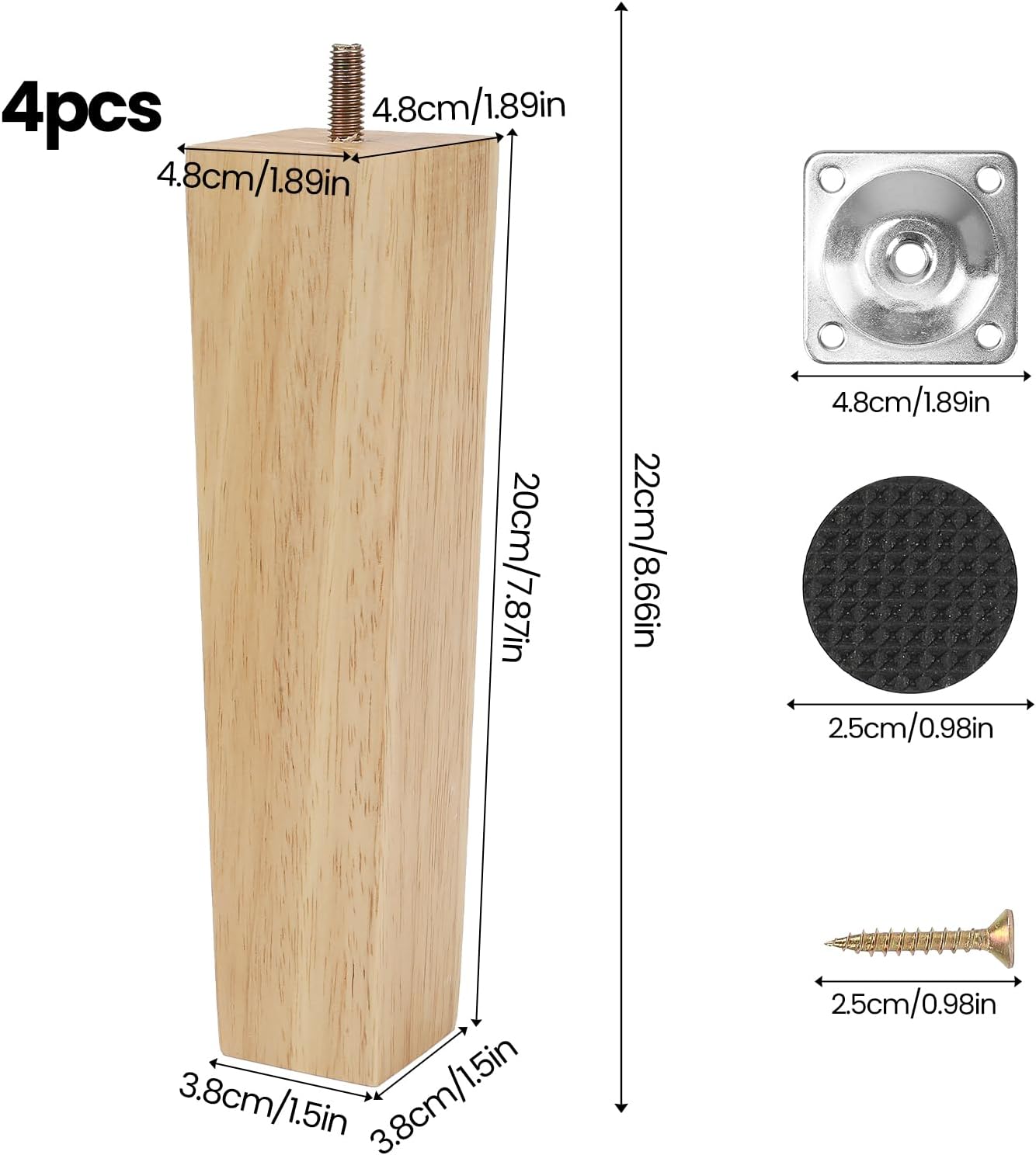 Luabue 4 Pieces Wooden Furniture Feet 20 cm Square Wooden Legs for Cabinet Sofa Bed Table with Mounting Plate, Non-Slip Pad and Screws