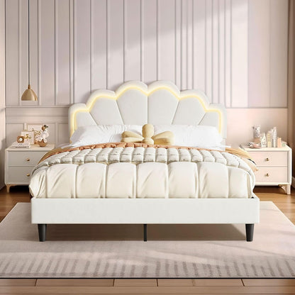 Luxsuite Queen Size Bed Frame with Elegant Flowers Headboard Metal Platform Wooden Mattress Base Bedroom Furniture Foundation White