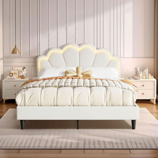 Luxsuite Queen Size Bed Frame with Elegant Flowers Headboard Metal Platform Wooden Mattress Base Bedroom Furniture Foundation White