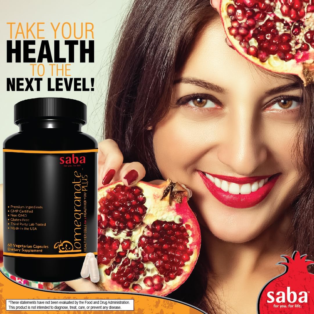 Saba Pomegranate Plus -Cellular Nutrition, Broad Spectrum of Essential Antioxidants - Support Stress, Cardiovascular Wellness, Immune System, Vision- 60 Capsules