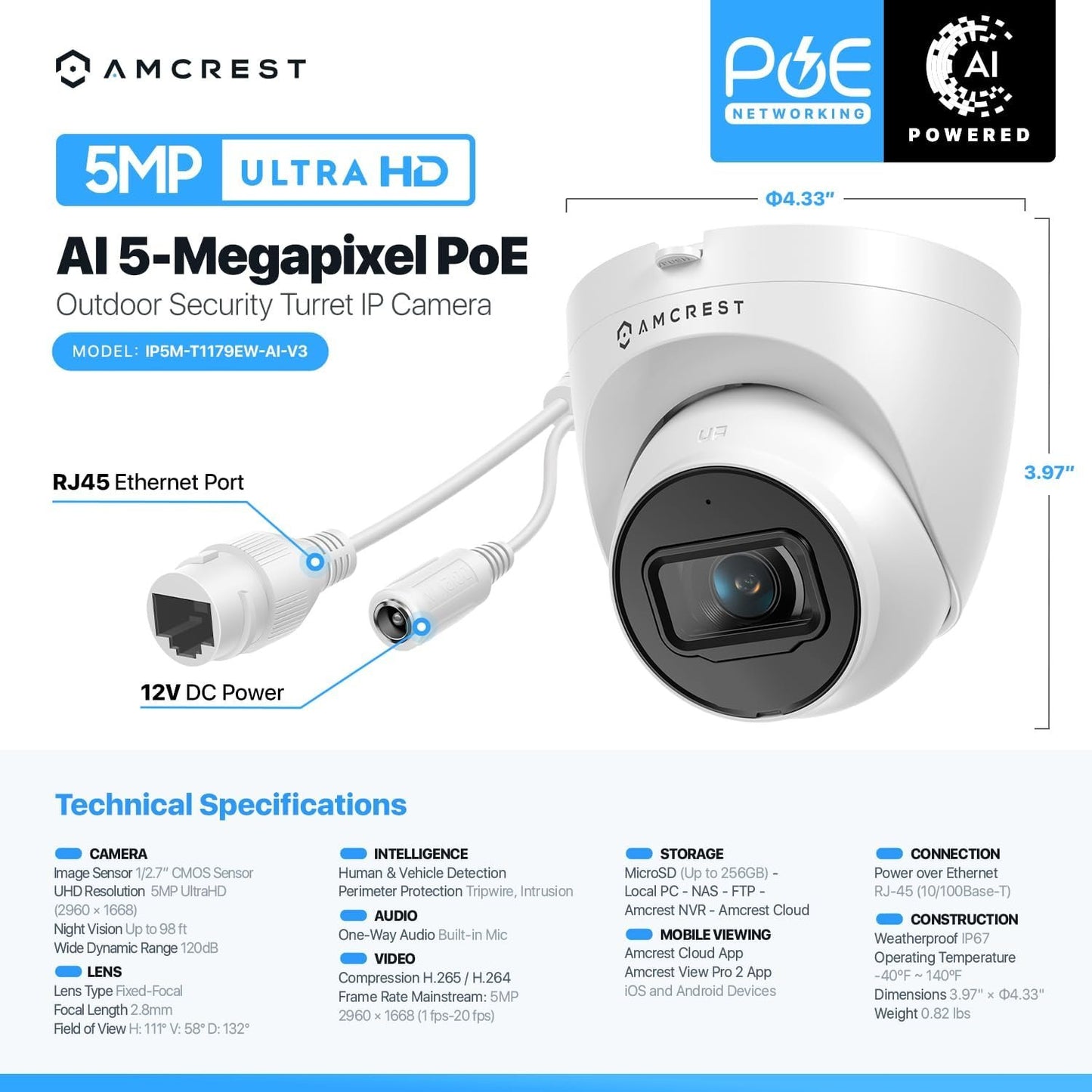 Amcrest 5MP Turret POE Camera, UltraHD Outdoor IP Camera POE with Mic/Audio, 5-Megapixel Security Surveillance Cameras, 98ft NightVision, 2.8mm Lens (103Â° FOV), IP67, MicroSD (256GB), (IP5M-T1179EW)