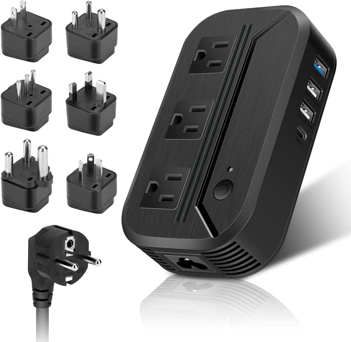 Power Converter 2300W International Step Down Voltage 220V/240V to 110V/120V w/ 4 USB 3 AC Outlets 7 Travel Plug Adapter EU/US/AU/IT/UK/IN/S. Africa for Phone Tablet Camera Laptop and More Electronics