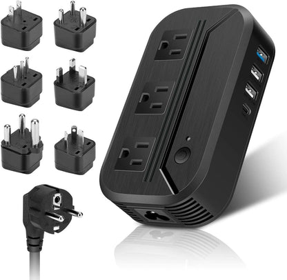 Power Converter 2300W International Step Down Voltage 220V/240V to 110V/120V w/ 4 USB 3 AC Outlets 7 Travel Plug Adapter EU/US/AU/IT/UK/IN/S. Africa for Phone Tablet Camera Laptop and More Electronics