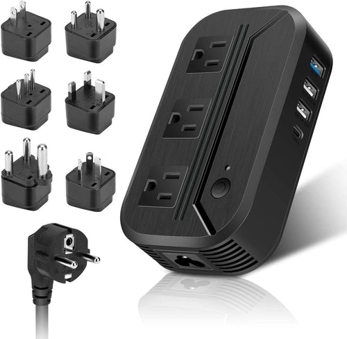 Power Converter 2300W International Step Down Voltage 220V/240V to 110V/120V w/ 4 USB 3 AC Outlets 7 Travel Plug Adapter EU/US/AU/IT/UK/IN/S. Africa for Phone Tablet Camera Laptop and More Electronics