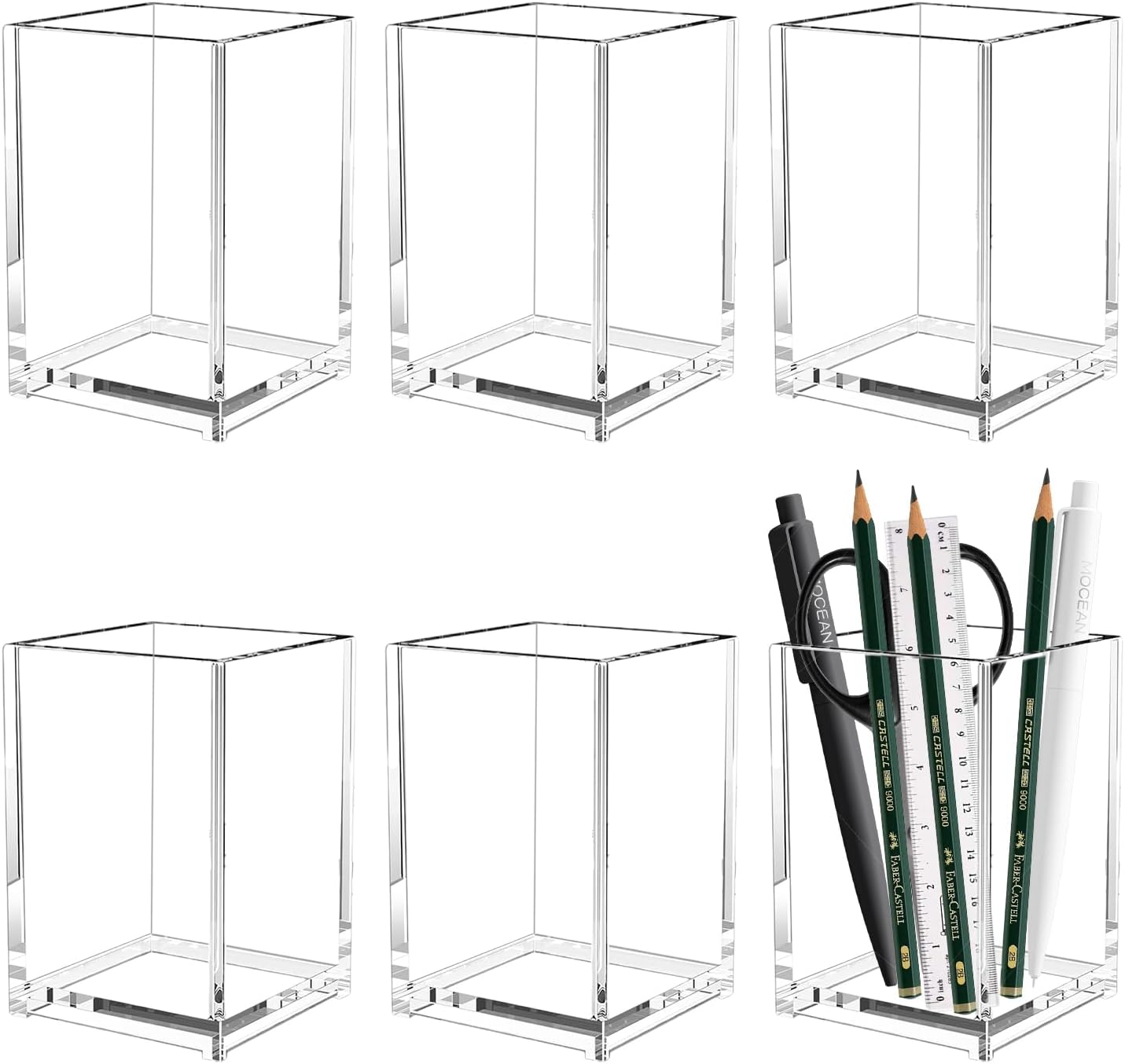 Prmape 6 Pieces Acrylic Pen Holder, Clear Make Up Brush Holder, Square Desk Pencil Holder for School Home Bathroom Office Desk Accessories