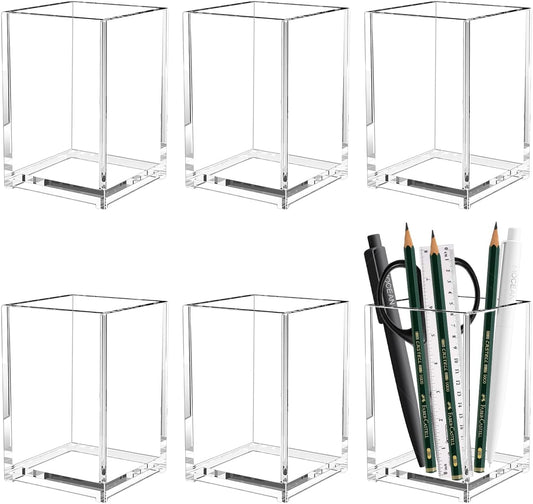 Prmape 6 Pieces Acrylic Pen Holder, Clear Make Up Brush Holder, Square Desk Pencil Holder for School Home Bathroom Office Desk Accessories