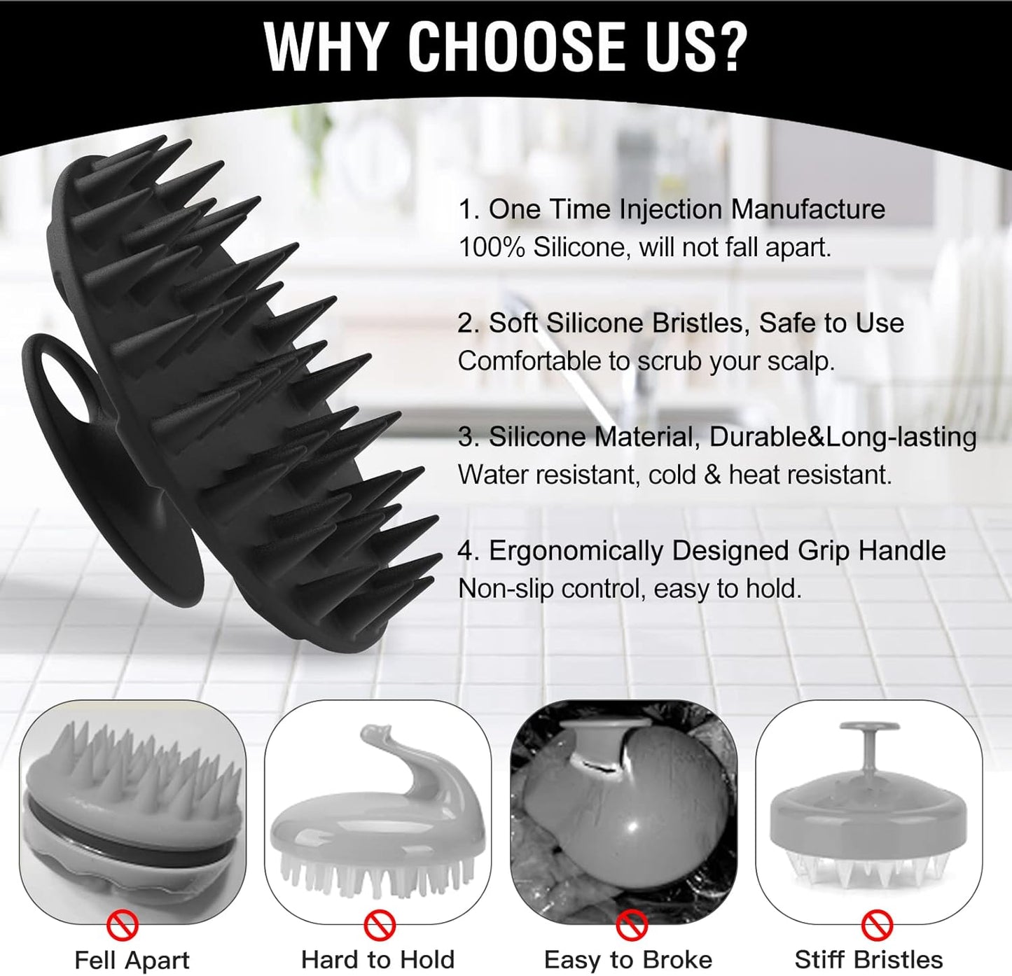 BEAUTAIL Hair Scalp Massager Shampoo Brush, Soft Silicone Head Care Scrubber and Exfoliator for Dandruff Removal and Hair Growth, Shower Washing Hair Scrub Brush Tool for Women Men Pet, 1 Pack, Black