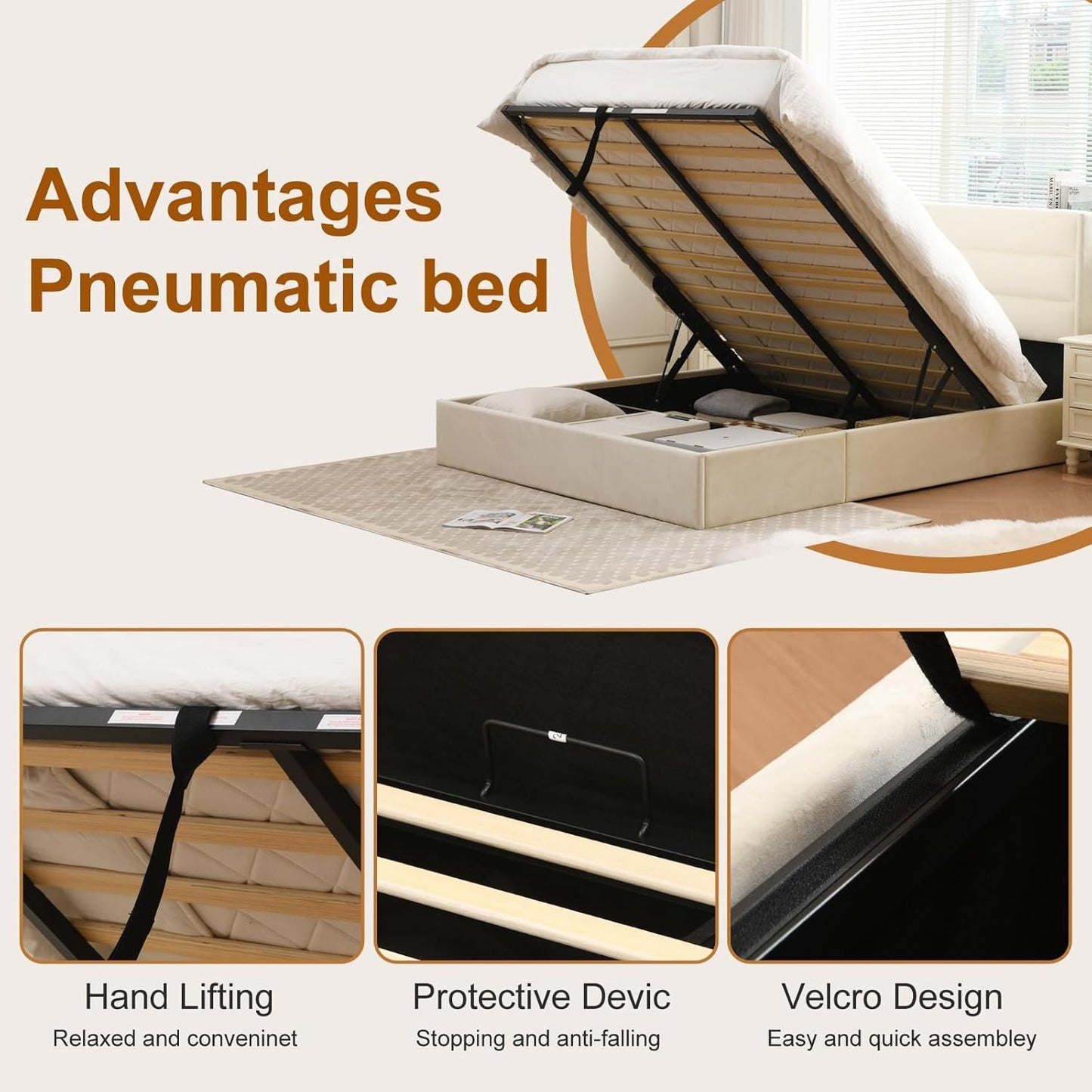 YUHUASHI Lift Up Storage Bed, Hydraulic Lifting Mechanism, Modern Flat Back Headboard, Wooden Slats, No Spring Required (White, Full)