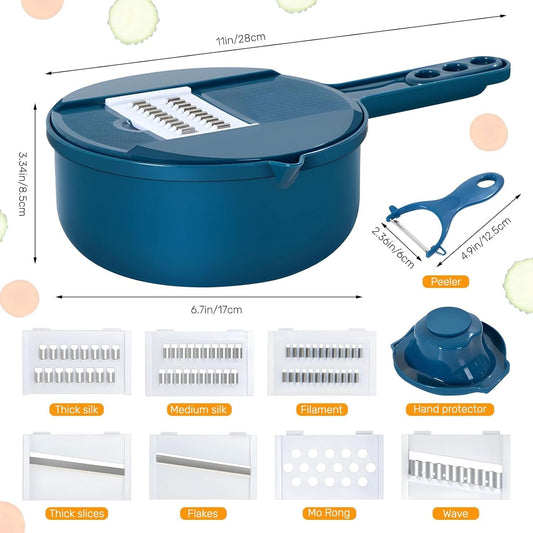 Vegetable and Cheese Grater Tool Set, Multifunction with Drain Basket, Vegetable Slicer, Mandolin Slicer, Chopper, Kitchen Gadget, Peeler and Shredder (Blue, 9 in