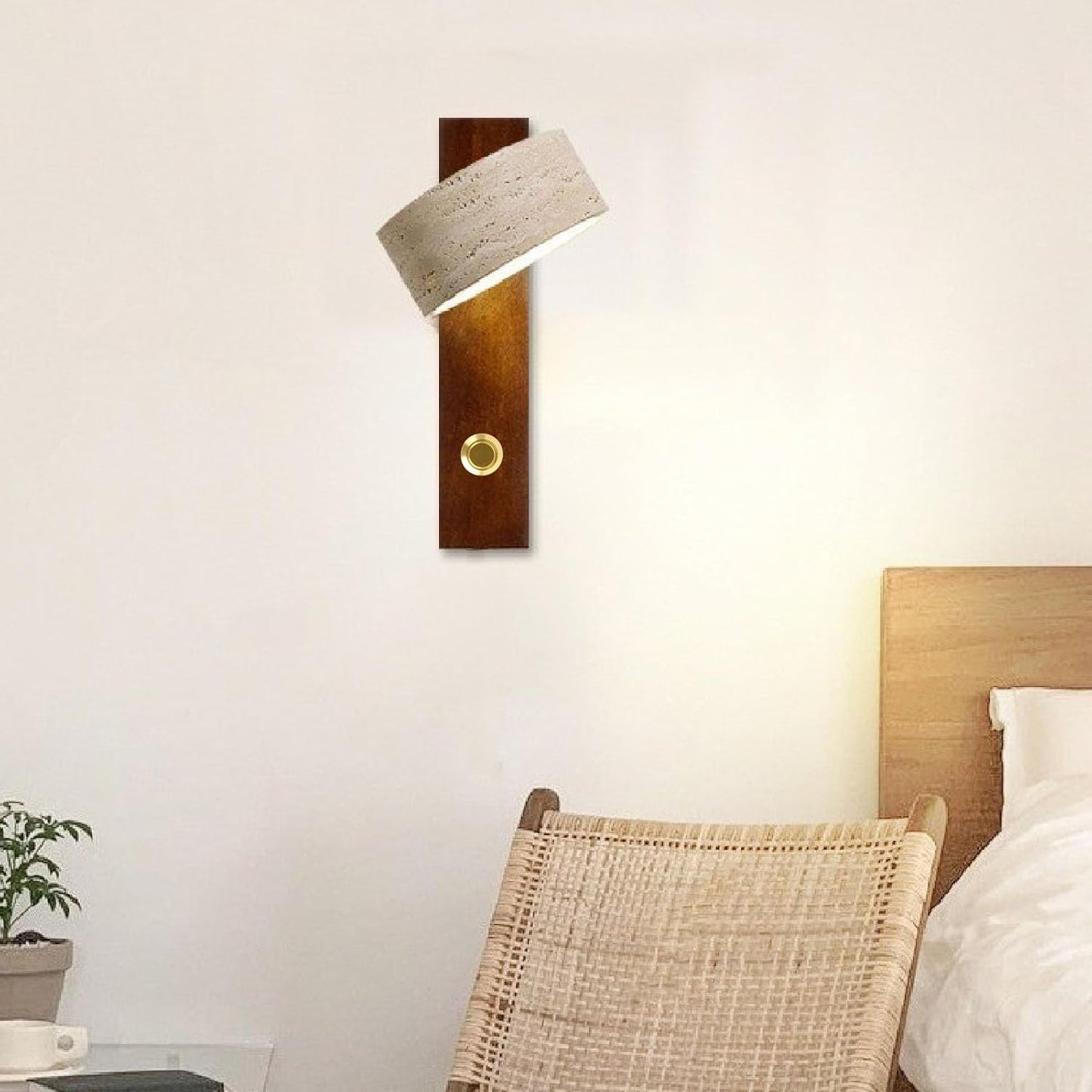 Industrial Wall Lamp, LED Warm Light Adjustable Angle Rotating Stone Wall Sconce Bedside Reading Light with Switch for Bedside Reading (Walnut Color)