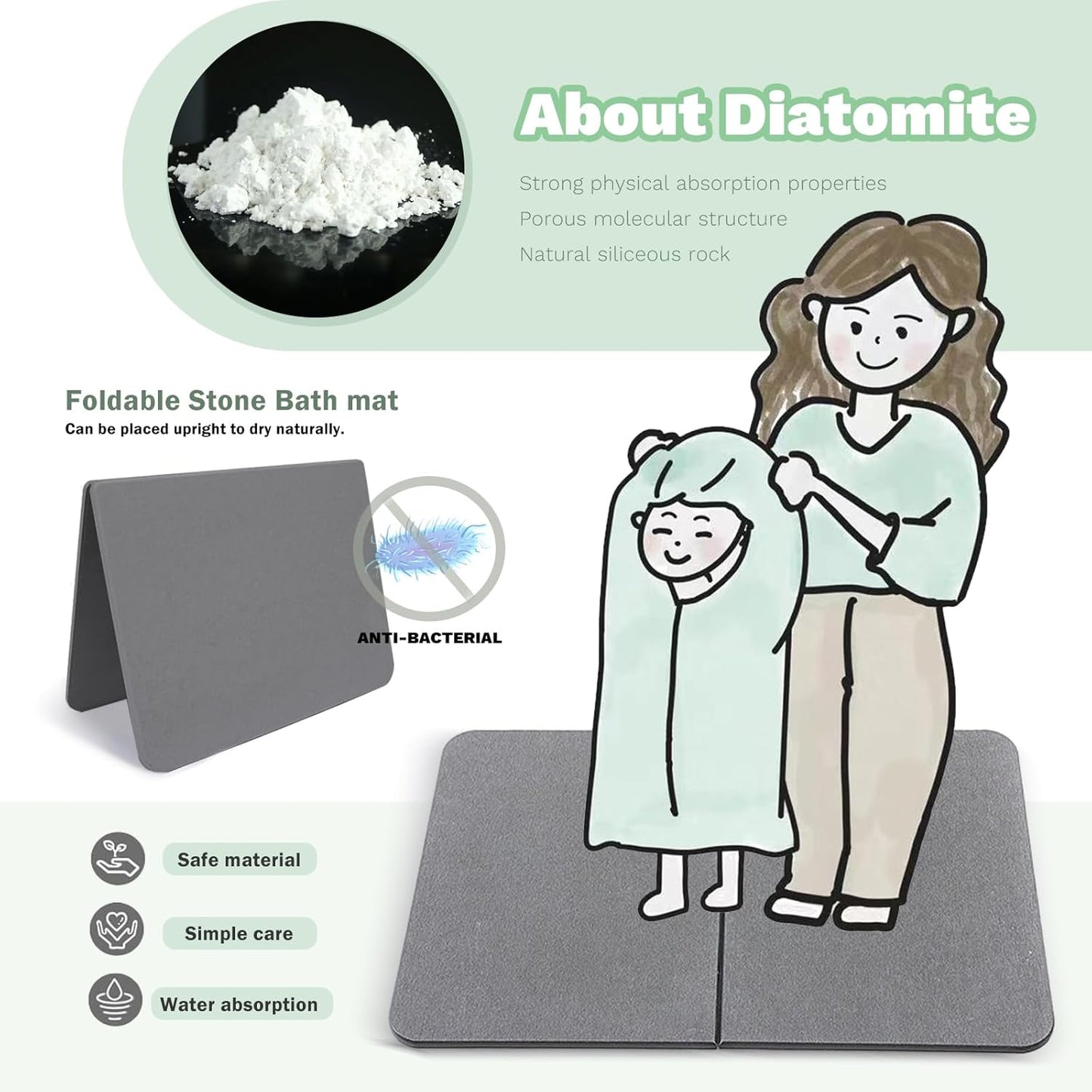 Stone Bath Mat, Natural Diatomaceous Earth Bath Mat, Non Slip Super Absorbent Quick Drying Diatomite Mat for Bathroom, Bathtub, Kitchen Counter, Both Sides Available with Cleaning Tool (Dark Gray)