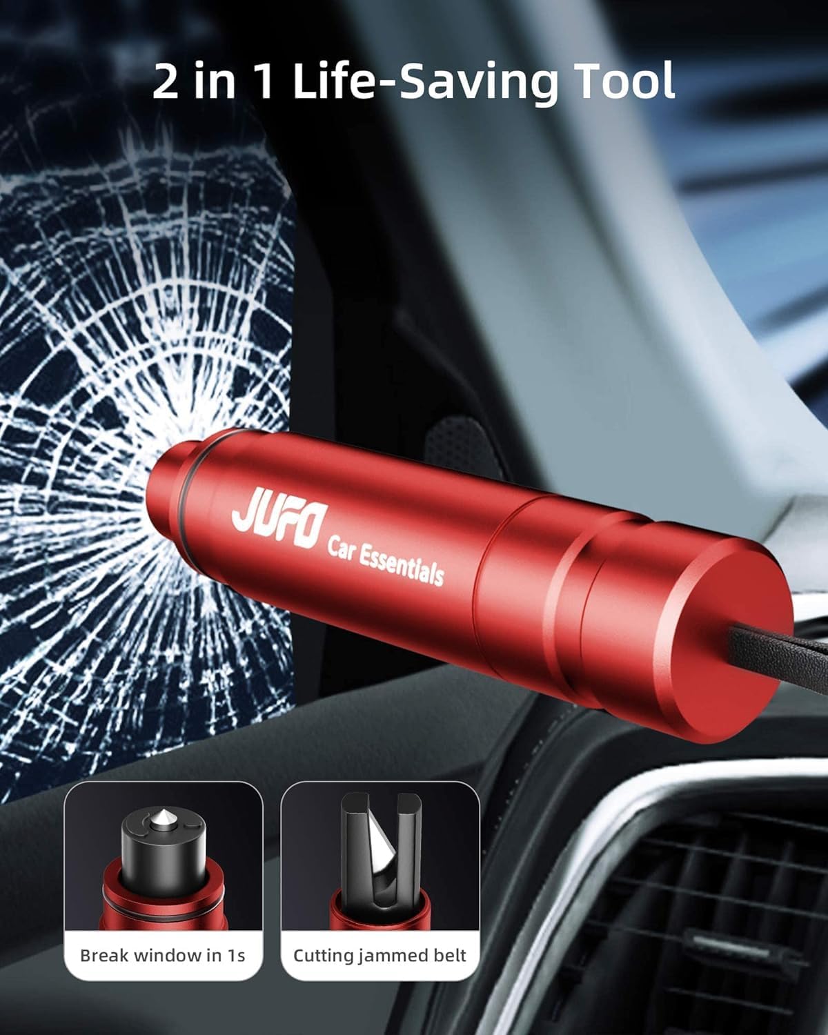 JUFO 3 Pack Car Escape Tool with Seat Belt Cutter Quick Emergency Window Breaker Escape Safety Hammer (Red *2+Black)