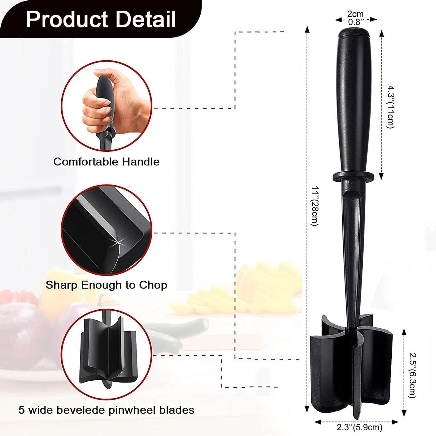 Bbymie Meat Masher, 5-Blade Head, High-Temp Heat-Resistant, Nylon Non-Stick, Black