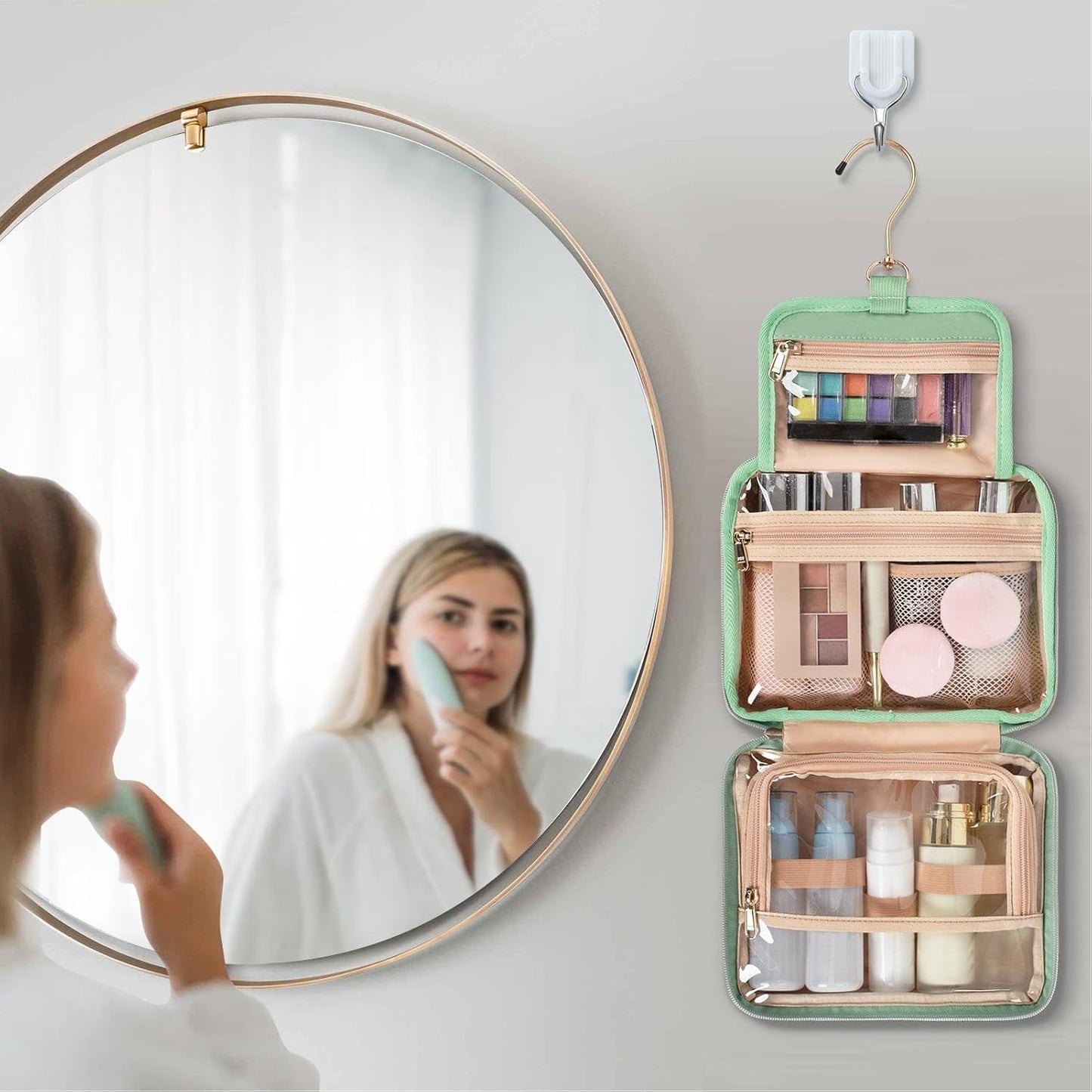 Travel Toiletry Bag with Hook, Hangable Foldable 3-Compartment Organizer, Portable Makeup Pouch with Handle, Spacious Travel Bag for Toiletries and, 1 Piece, Single Attribute, Please refer to