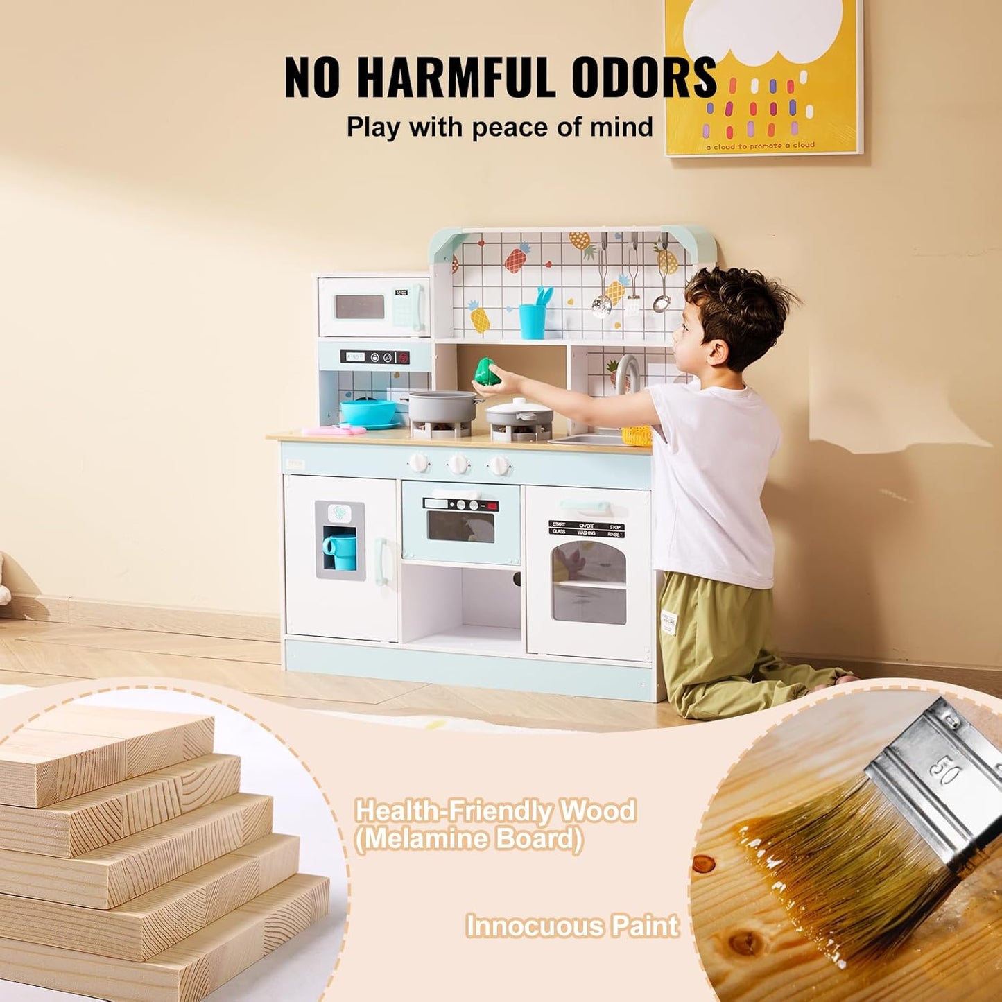 VEVOR Kitchen Toy for Children, Wooden Kitchen Toy Set with Lights Sounds Ice Maker Oven Sink Microwave Refrigerator Utensils, Kitchen Toy, 24 Pieces, White