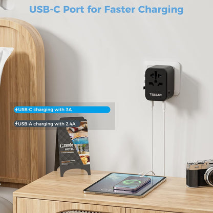 Universal Travel Adapter, TESSAN Universal Travel Socket with 2 USB A and 3 USB C, International Plug Adapter for Italy UK USA Japanese Australia, Black