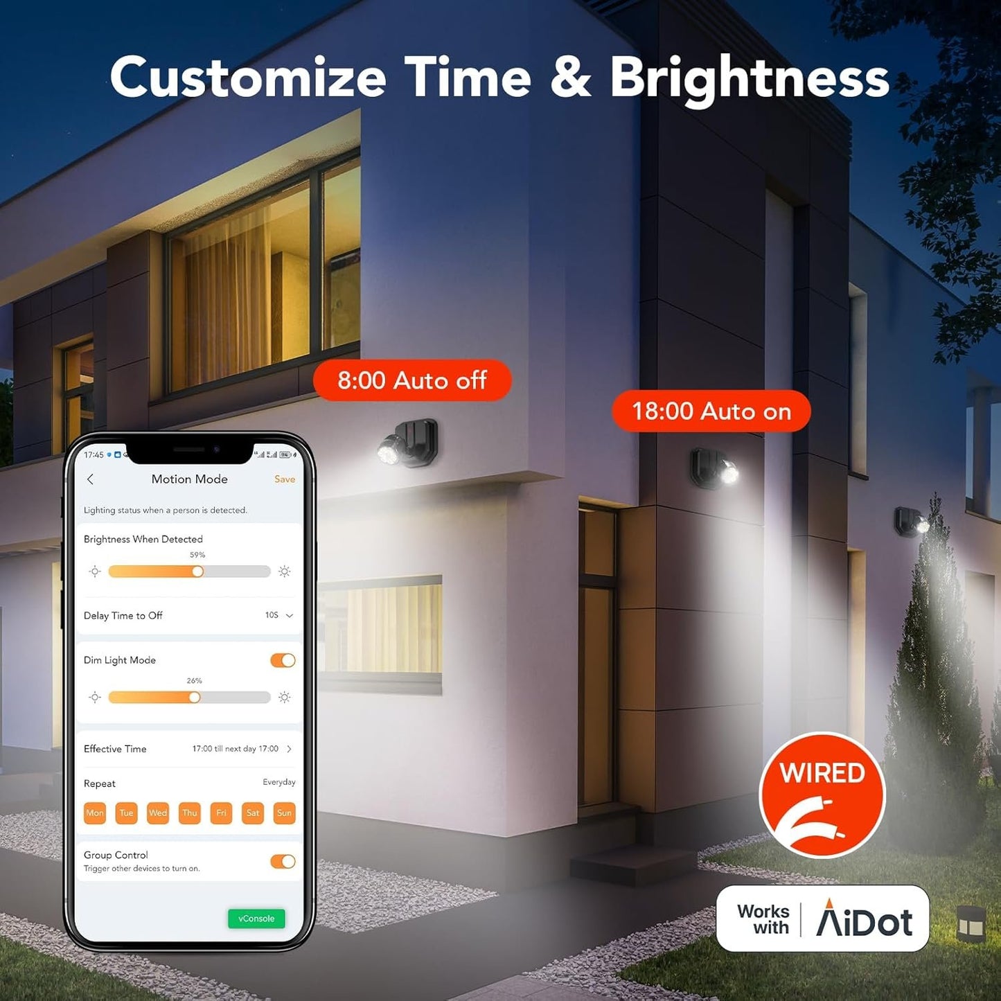 OREiN Outdoor Motion Sensor Light, Smart Motion Lights for Outside with Bluetooth APP Control, 5000K LED Flood Light Security Light with IP65 Waterproof for Stairs Front Door (Hardwired)