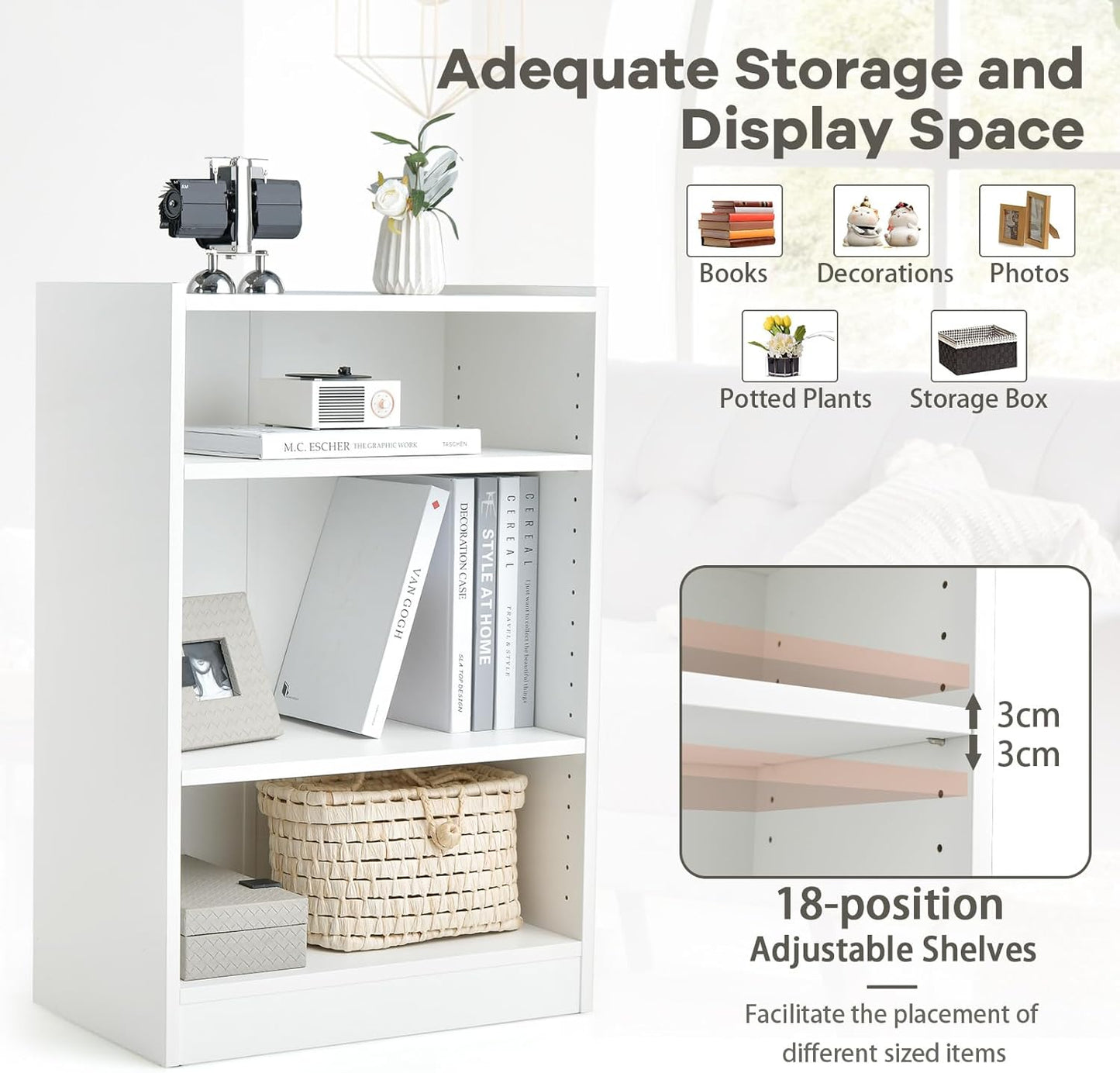 KOMFOTTEU 3 Tier Open Bookcase Shelf Adjustable Shelves Storage Cabinet Organizer with Anti-tipping Device Wardrobe for Bedroom Living Room 50x30x75cm (White)