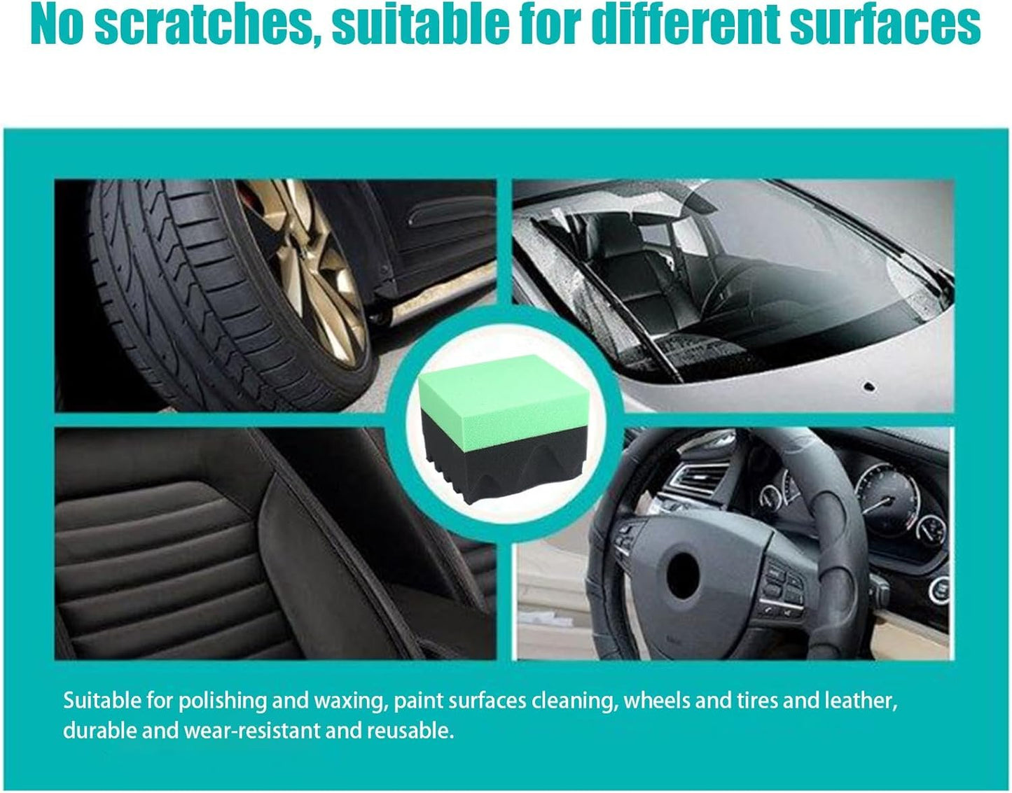 Tire Shine Sponge, Car Detailing Applicator, Wheel Cleaning Pad 3.74 x 3.35 x 2.56 Inches, Ergonomic Reusable Foam, Wave Design Grip, Paint Safe, Ideal for RV Truck Auto Coating