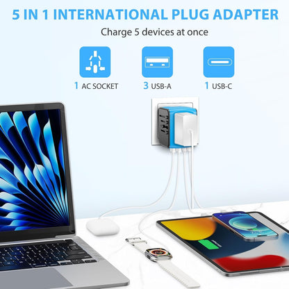 Universal International Travel Power Adapter, All in One Wall Charger with High Speed 2.4A 3xUSB, 3.0A Type-C, European Adapter, Worldwide AC Outlet Plugs for UK, EU, AU & Asia (Blue)