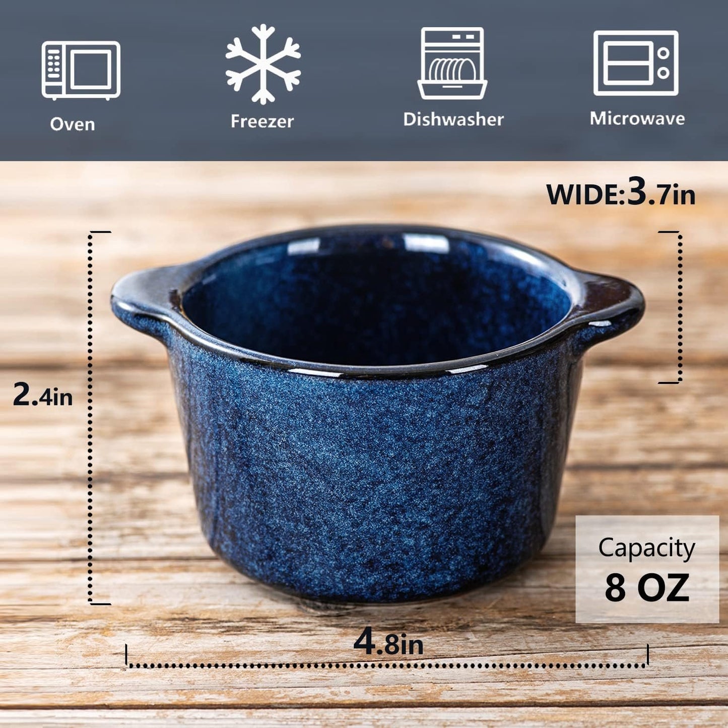Creme Brulee Ramekins Ceramic Bowls - VICRAYS Mini Custard Cups 8 oz oven Safe Bowls Souffle Dishes for Baking Individual Casserole Dipping Sauce Pioneer Woman Bakeware Set of 6, Blue
