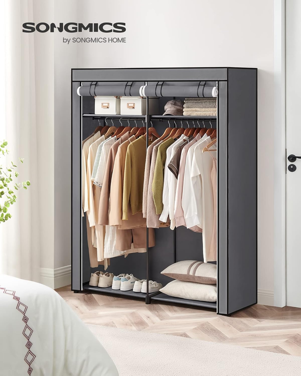 SONGMICS RYG02GY Wardrobe Wardrobe Bedroom Clothes Rack with 2 Bars Clothes Rail Portable Fabric Folding Wardrobe for Wardrobe, 140 x 43 x 174 cm, Grey RYG02GY