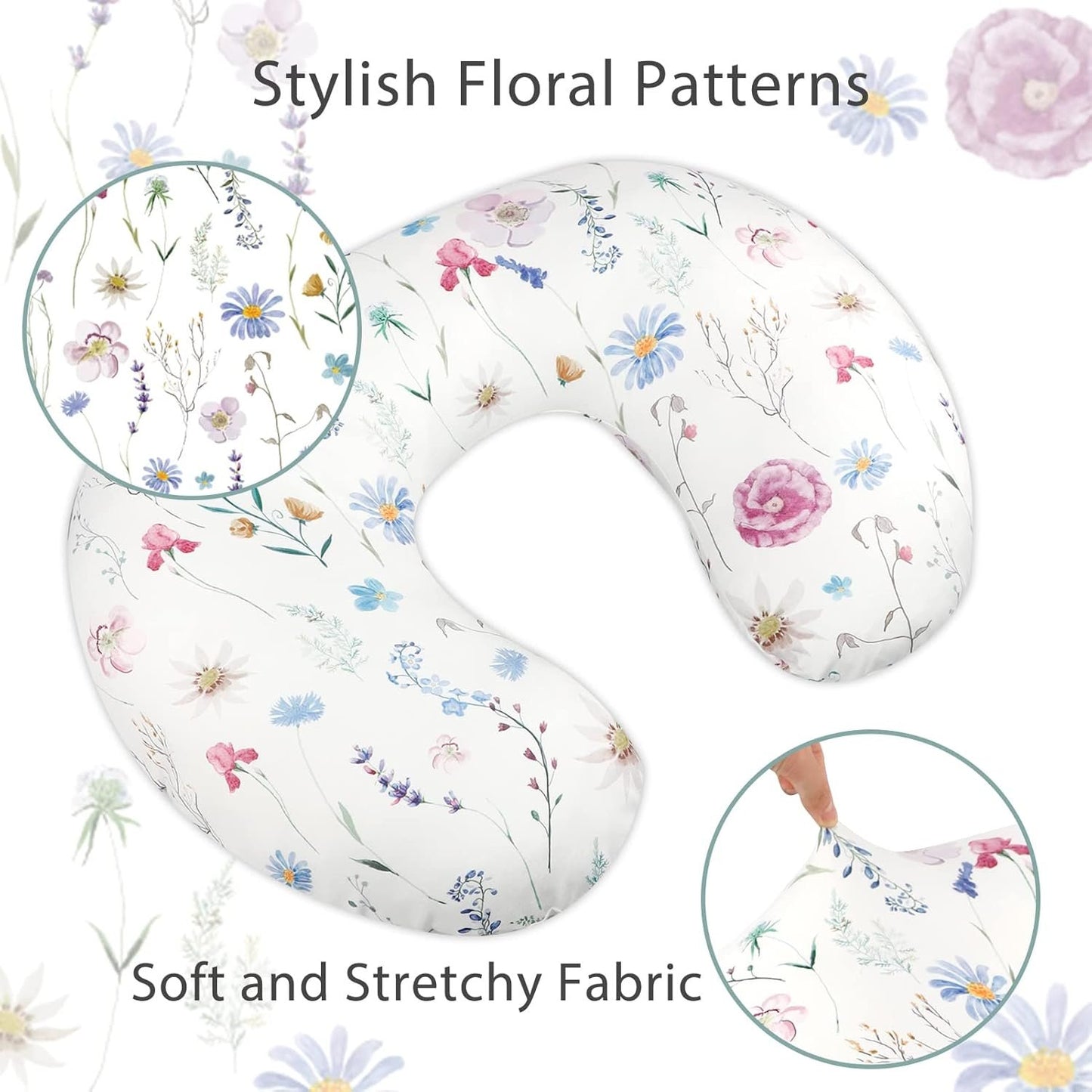 Nursing Pillow Cover Breastfeeding Pillow Slipcover for Moms Soft Breathable Organic Knit Fabric Newborn Infant Feeding Pillow Covers for Baby Girl Boy, Floral