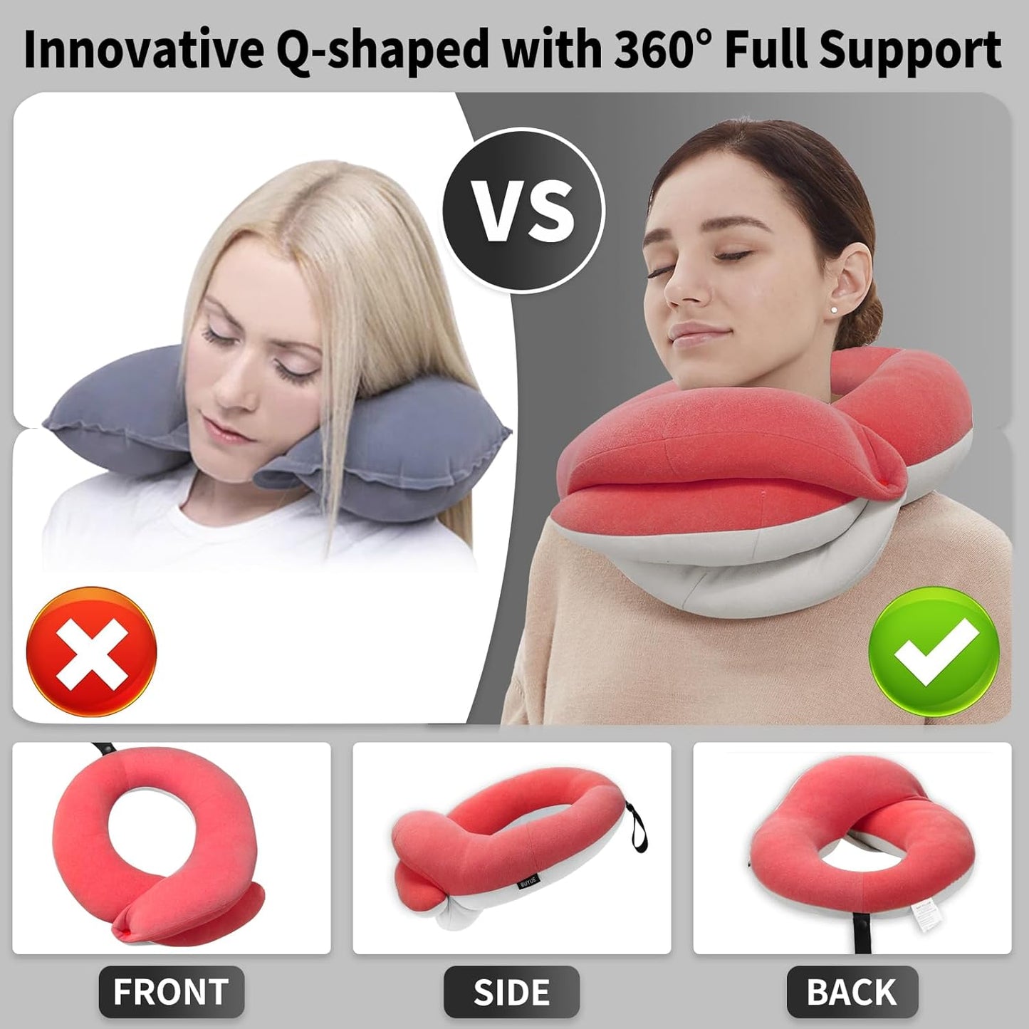 BUYUE Travel Neck Pillows for Airplanes, 360° Head Support Sleep for Long Flight, Skin-Friendly & Breathable, Kit with 3D Contoured Eye Mask, Earplugs and Storage Bag (Adult, Pink, 100+ lbs)