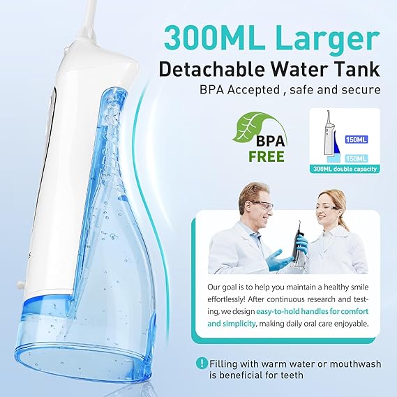 COSLUS Water Dental Flosser Teeth Pick: Portable Cordless Oral Irrigator 300ML Rechargeable Travel Irrigation Cleaner IPX7 Waterproof Electric Flossing Machine for Teeth Cleaning C20(F5020E) White