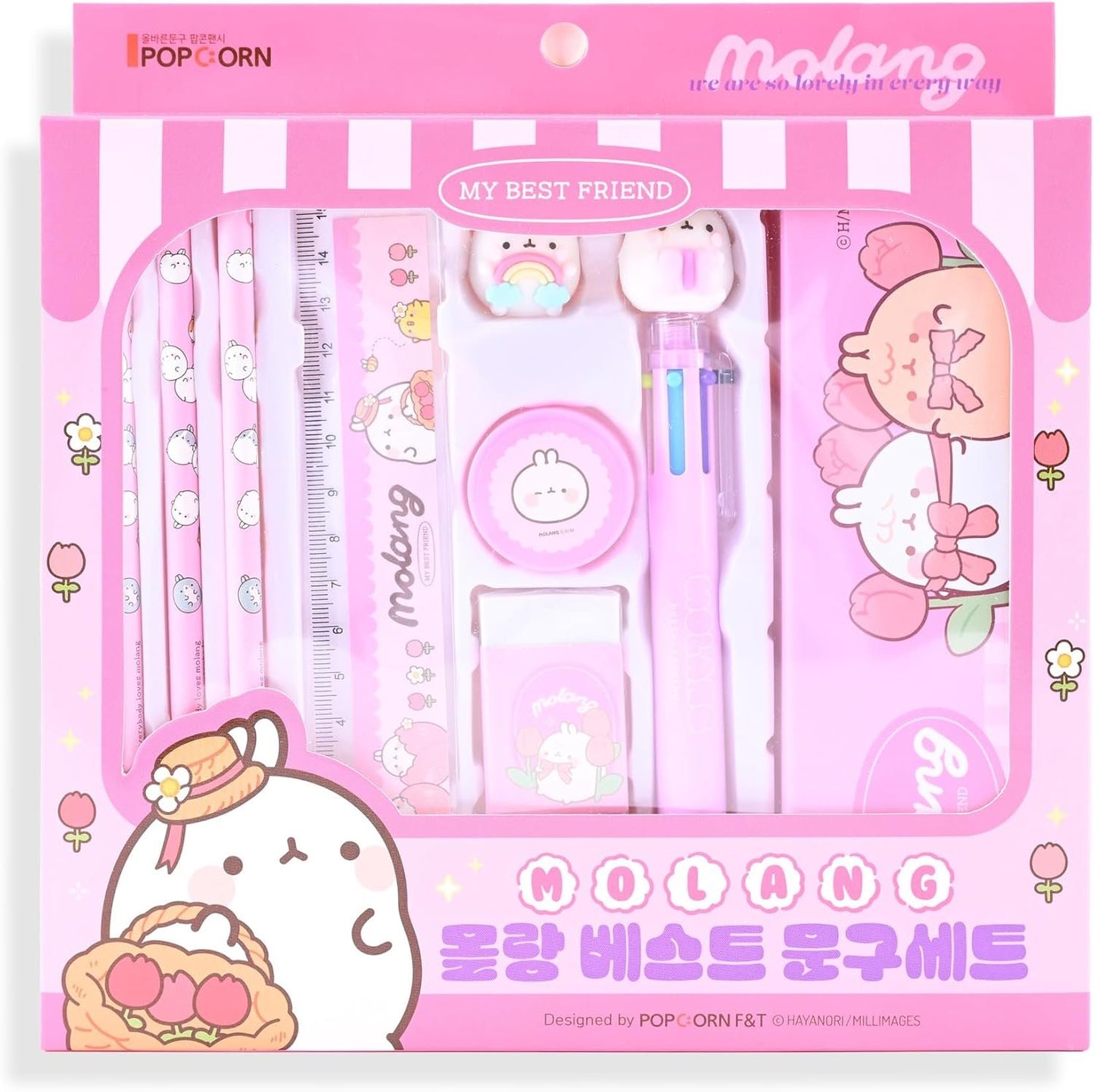 Molang Best School Stationery Set - Kawaii Korean Kit (Pencil 3pcs, Eraser, Sharpener, Case, 6-Color Ballpoint Pen, Figure, Ruler) - Complete Supplies for Students, Office, Art, Writing