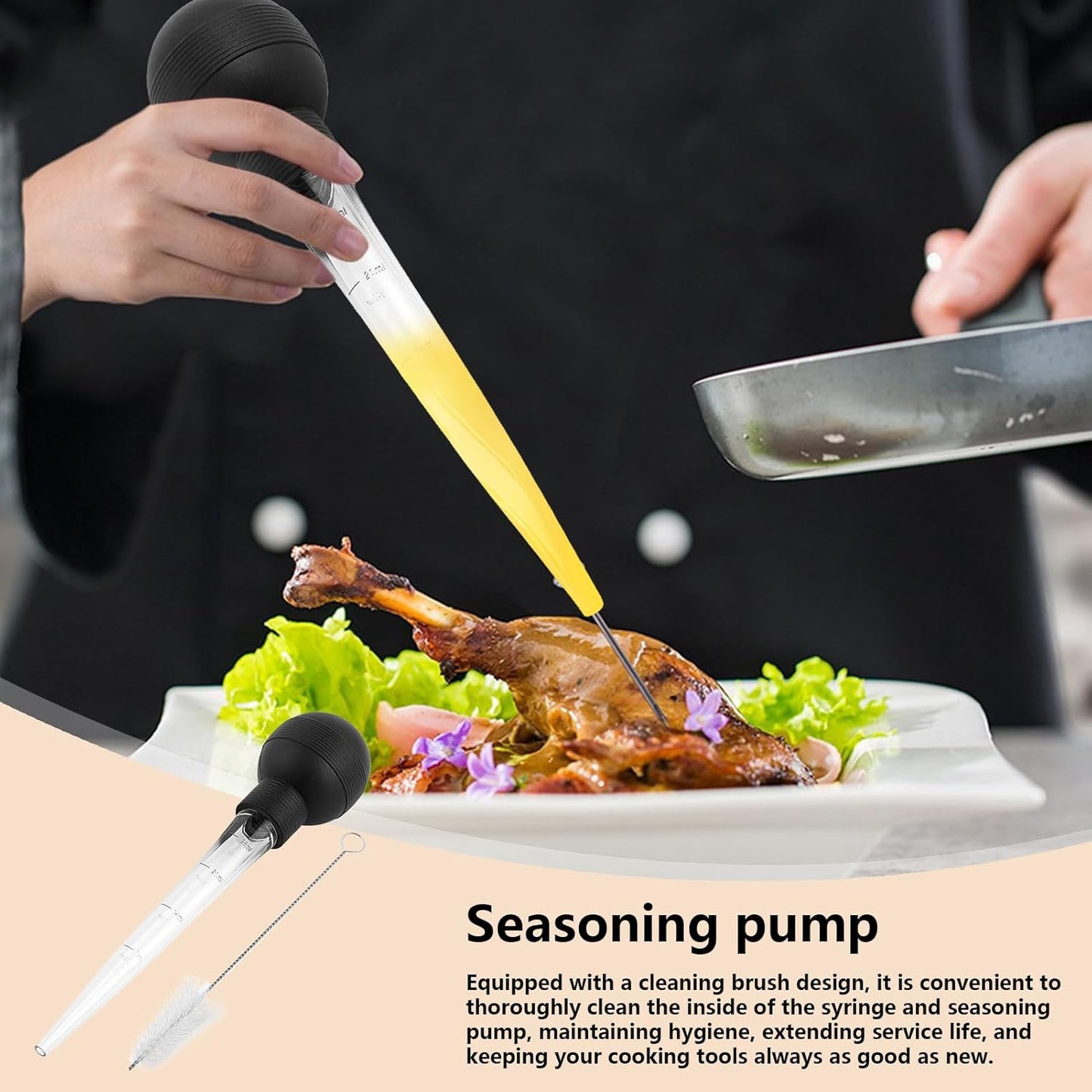 Turkey Baster, Food Injector Syringe, 4.53in Kitchen Cooking Basters, Easy to Clean with Cleaning Brush, Basting Meat and Hot Liquids for Essential Accessory