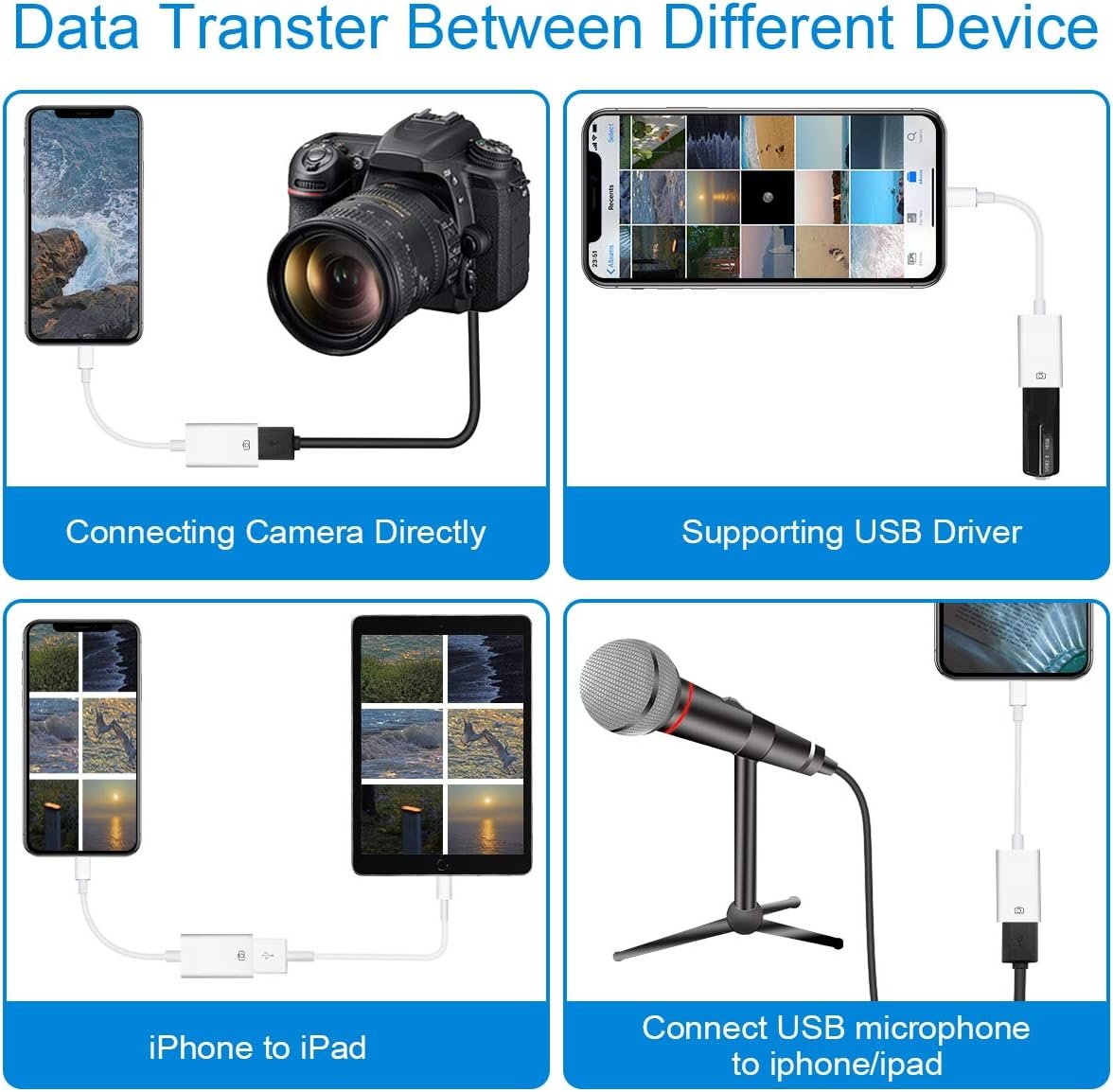 WORLDBOYU Lightning to USB Camera Adapter Female USB OTG Cable Adapter for Select iPhone,iPad Models Support Connect Camera, Card Reader, USB Flash Drive, MIDI Keyboard, White (White)