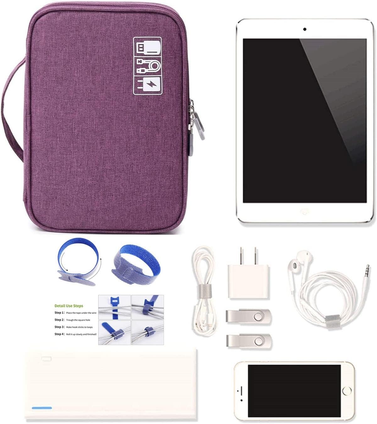 Packing Cubes for Travel Electronics Devices Organizer, with 12 PCS Ties,Versatile Electronic Accessories Carrying Case for Toothbrushes,Charging Devices,Other Cordless Electrical Appliances Purple