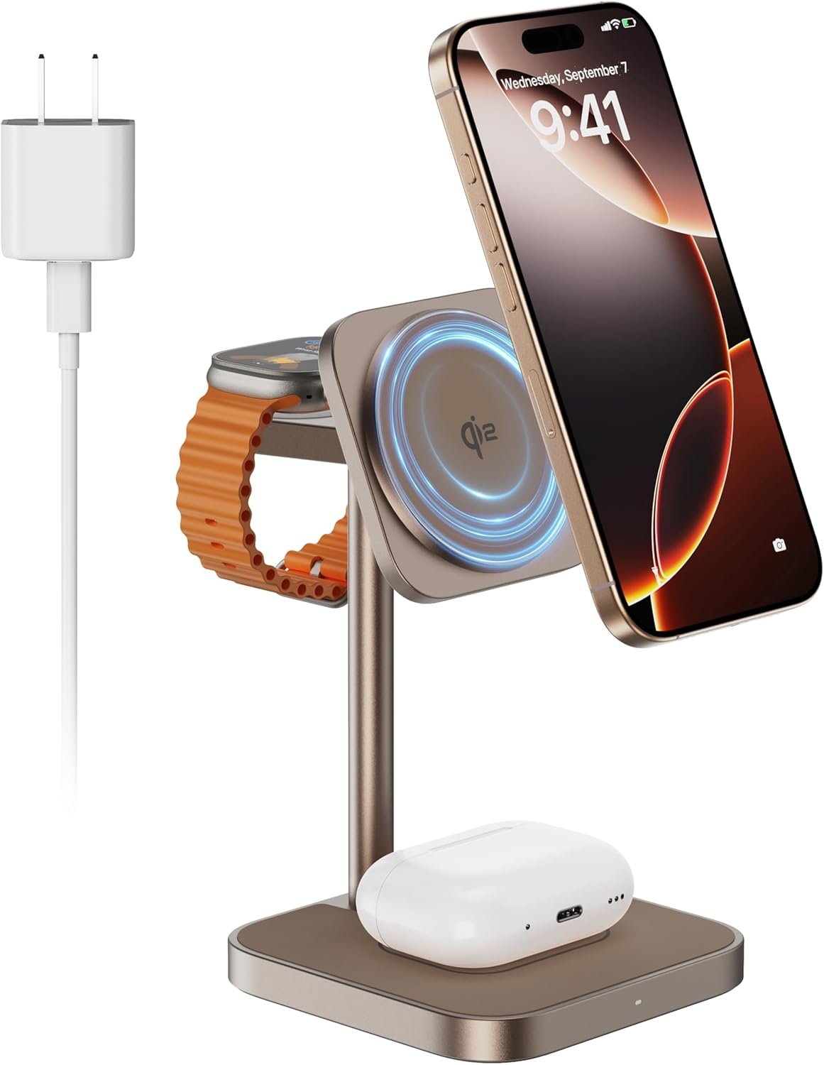 LULULOOK 3-in-1 Wireless Charger Station for iPhone 16, Qi2 Magnetic 15W Fast Charging Stand for iPhone, Aluminum Alloy Mag-Safe Travel Charger Stand 5W for Apple Watch AirPods (Desert Gold)