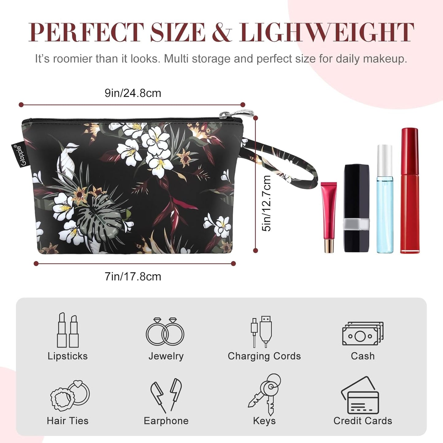 Gloppie Large Makeup Bag, Travel Cosmetic Bag with Zip, Makeup Bag for Professional Make-Up Artist, Travel Make up Bag Beauty Case, White Flower