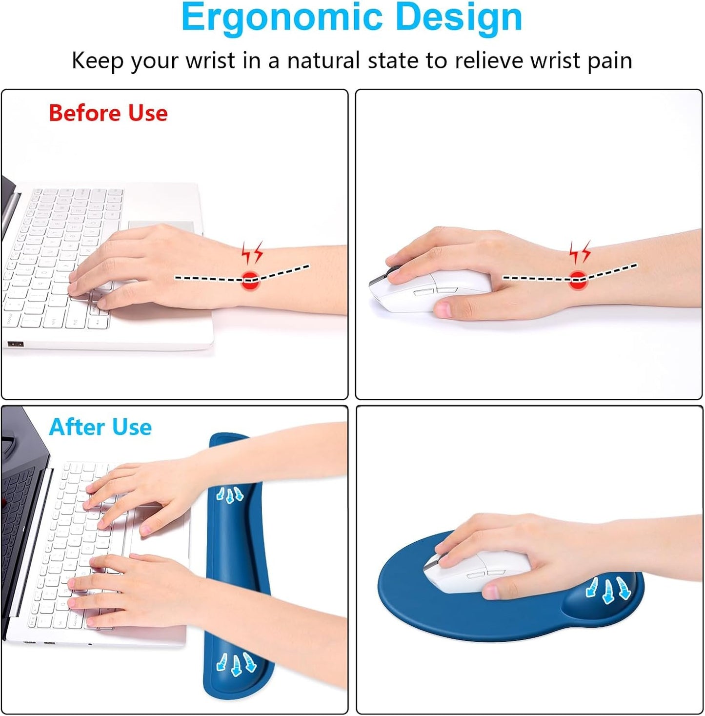 Dapesuom Keyboard Wrist Rest and Mouse Pad with Wrist Support, Memory Foam Cushion for Keyboard and Mouse Set, Ergonomic Desktop Pad Rests with Non Slip Base for Easy Typing & Pain Relief, Dark Blue