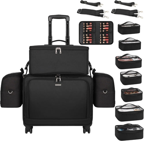 Rolling Makeup Case Professional Makeup Bag Makeup Artist Bags 4 in 1 Cosmetics Rolling Organizer Extra Large Trolley Makeup Travel Case with 360° Swivel Wheels and Adjustable Dividers