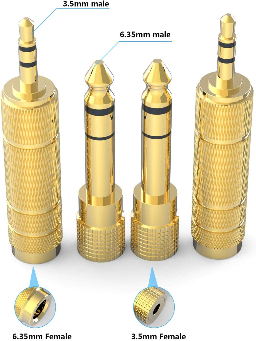 DIGITNOW! 3.5mm Male to 6.35mm Female and 6.35mm Male to 3.5mm Female Stereo Jack Adapter Gold-Plated Connectors Compatible with Guitar Electronic Keyboards Headphones, 4 Pack