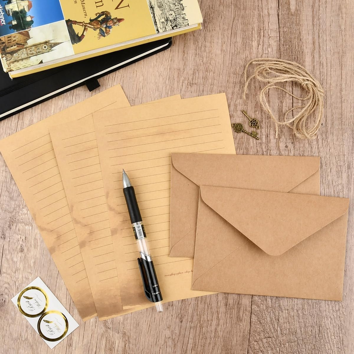 OTYMIOW Vintage Stationery Paper and Envelopes Set - 20 Sheets, 10 Envelopes, 10 Twine, 10 Keys, 10 Seal Stickers for Letter Writing