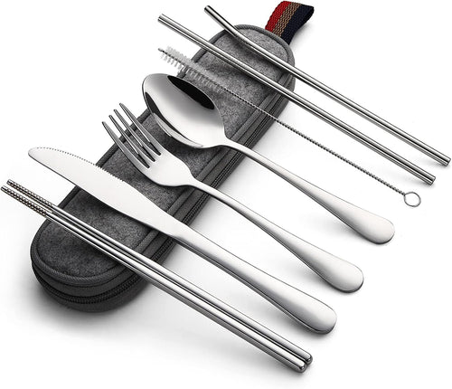 Portable Utensils, Travel Camping Cutlery Set, 8-Piece Including Knife Fork Spoon Chopsticks Cleaning Brush Straws Portable Case, Stainless Steel Flatware Set 8-Piece 8-Piece Silver