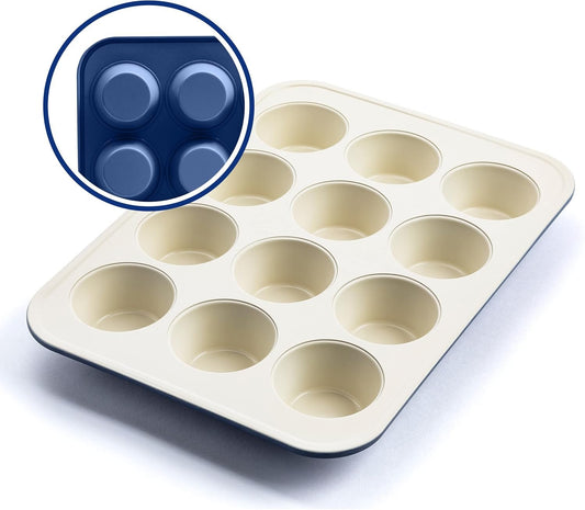 GreenLife Bakeware Healthy Ceramic Nonstick, 12 Cup Muffin and Cupcake Baking Pan, PFAS-Free, Blue