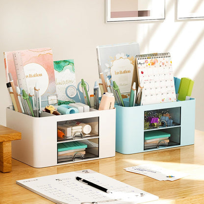 Drawer Organizers, 4 sections & 2 drawers Pen Holder for Desktop Storage, Desk Organizer, Plastic Makeup Organizer, Desk Organization for School, Home, Office Supplies (White)