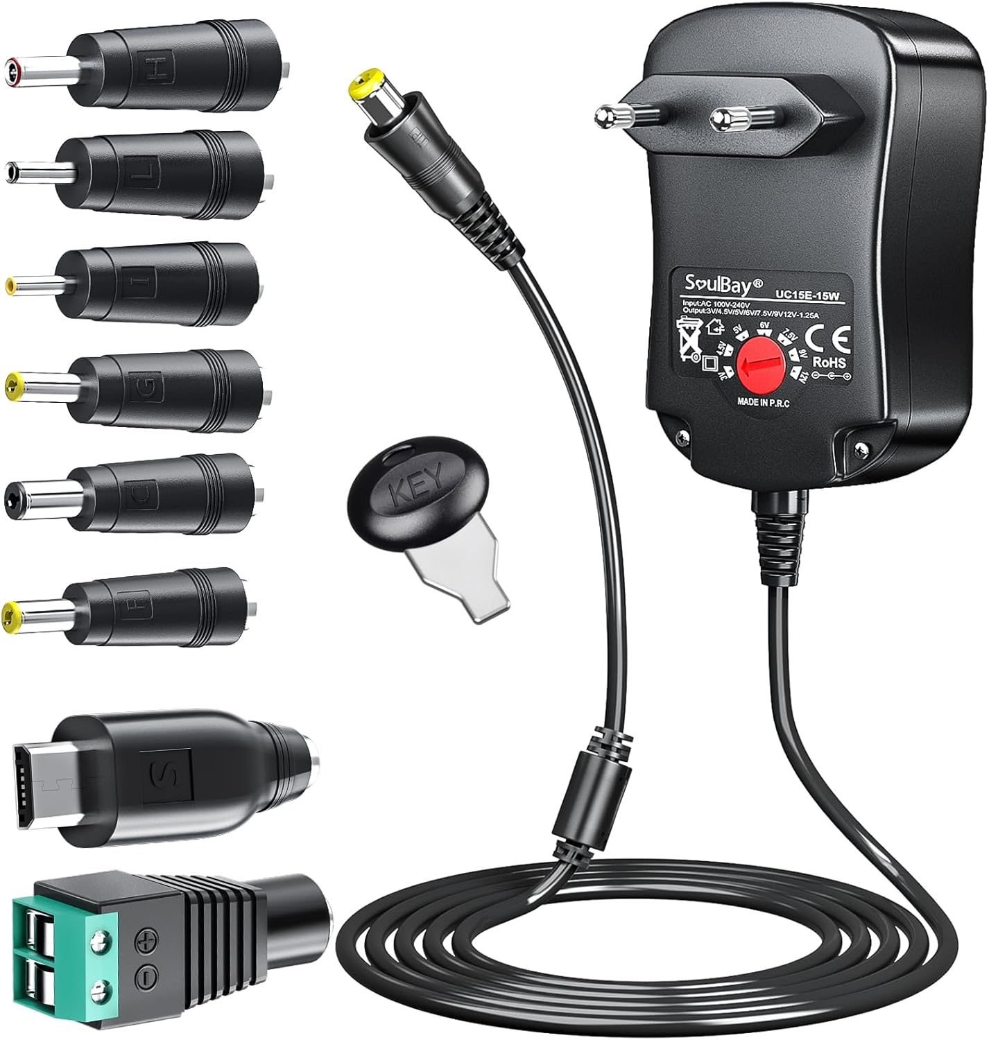 SoulBay 3V 4.5V 5V 6V 7.5V 9V 12V 1000mA Universal AC/DC Adapter with 8 Selectable Adapters for Home Electronics 3-12V - 150cm Charging Cable