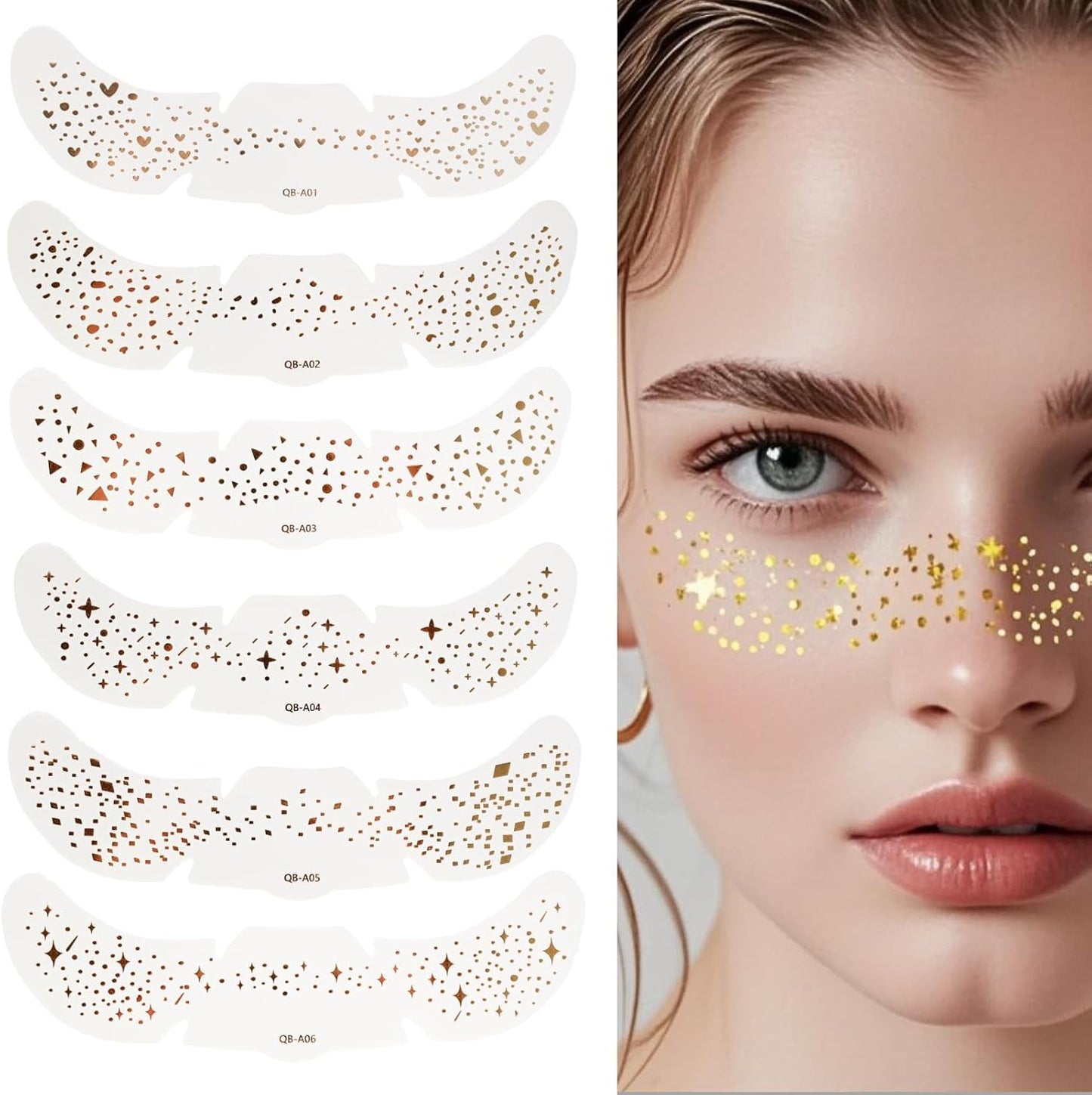 6 Pcs Glittery Tattoos Freckles Gold Foil Glitter Freckles Makeup Speckles Temporary Waterproof Face Tattoos Accessories for Party and Special Occasions
