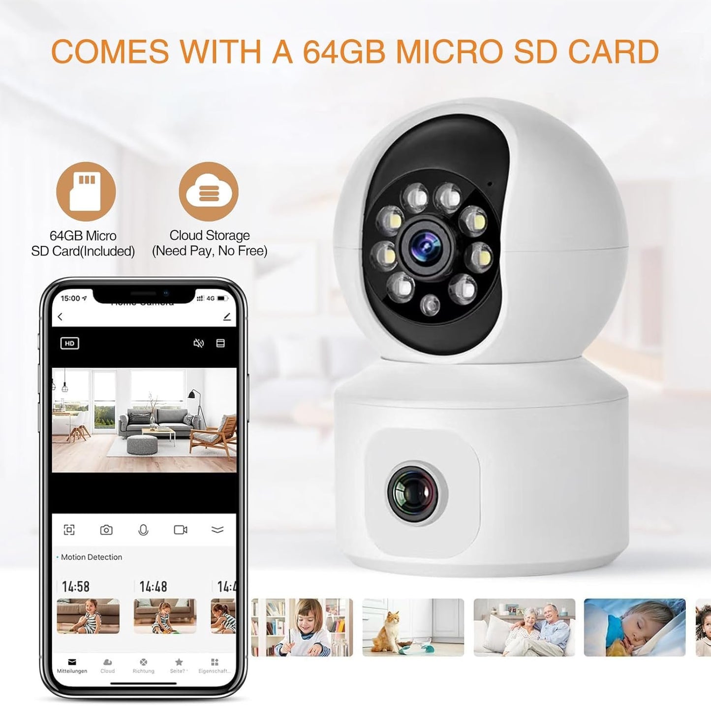 XIULIUU Security Camera Indoor, Dual-Lens Pet Camera with 64GB SD Card, 2.4GHz WiFi, 1080p HD & Full-Color Night Vision, 360Â° Pan-Tilt Coverage, Motion Tracking, 2-Way Audio Home Camera