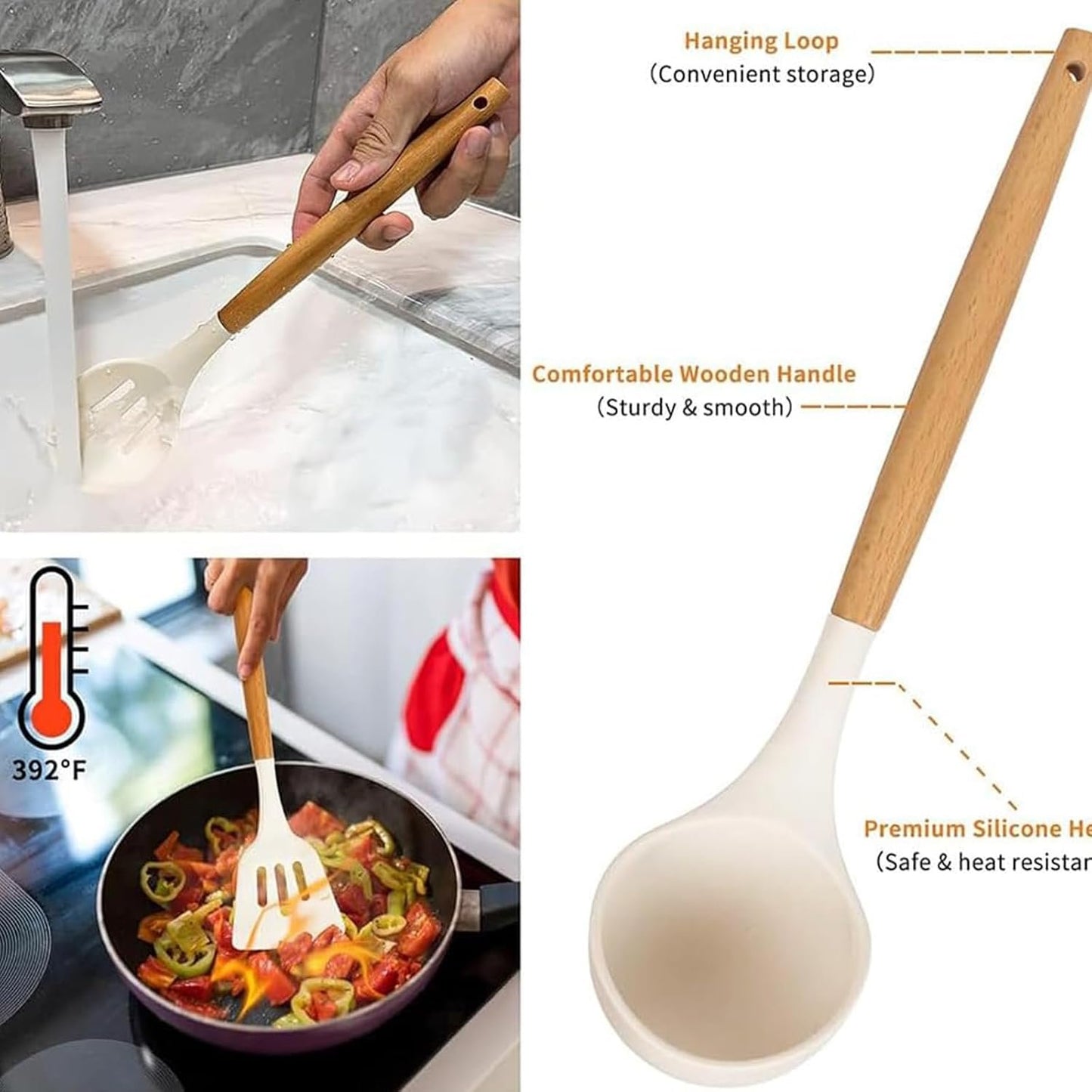 12 Pcs Silicone Kitchen Utensils Set with Wooden Handles, Heat Resistant Non-Stick Kitchen Utensils with Tongs, Spatula, Spoons and Stand, Dishwasher Safe, Best Kitchen Gadgets (Beige,
