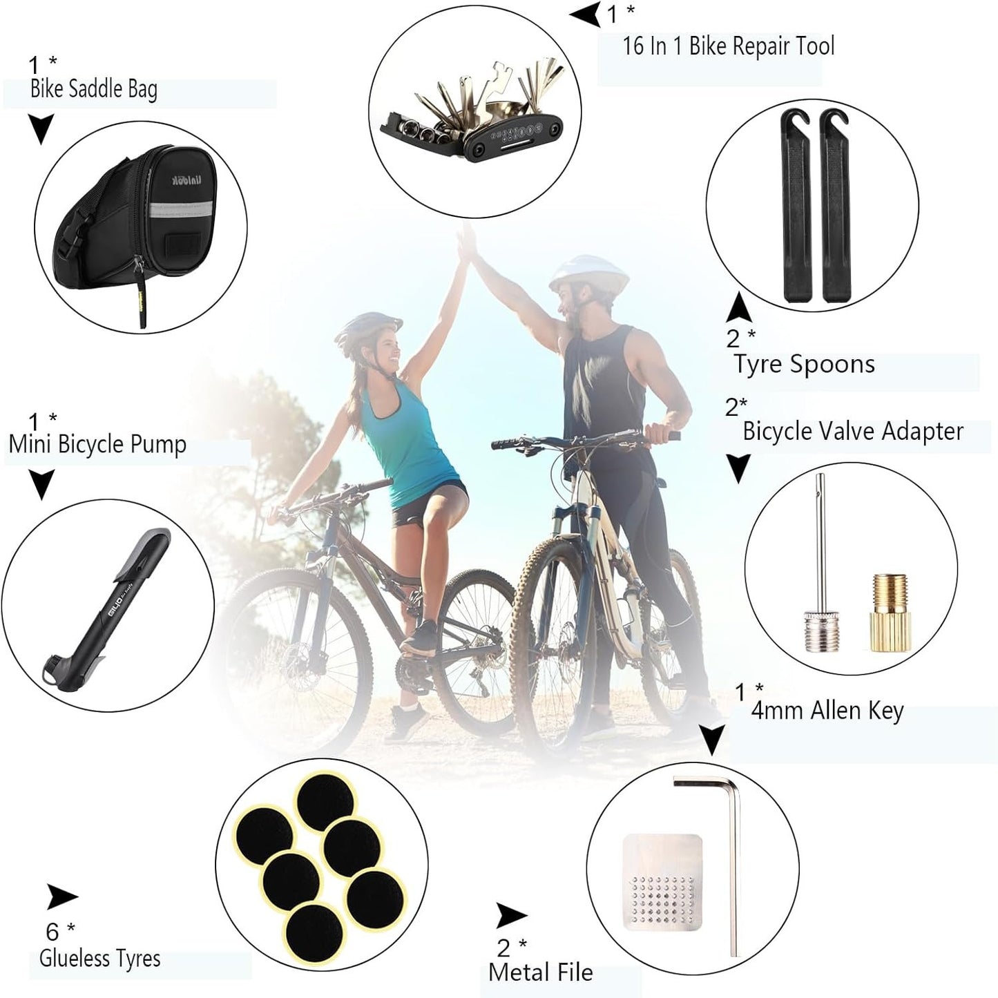 Bike Repair Tool Kit - Bike Saddle Bag and Emergency Tool Repair Set with 16 in 1 Multi-Tool Bicycle Pump, Tire Lever, Glueless Tires, Used for Mountain and Road Bike