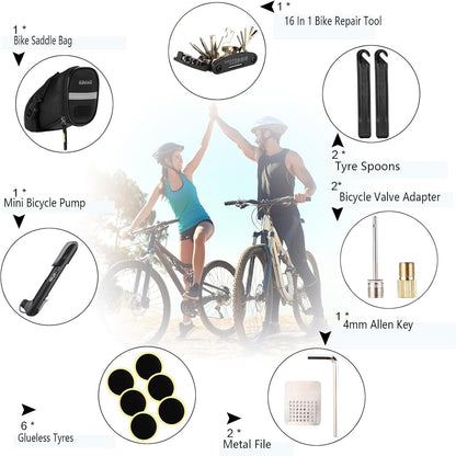 Bike Repair Tool Kit - Bike Saddle Bag and Emergency Tool Repair Set with 16 in 1 Multi-Tool Bicycle Pump, Tire Lever, Glueless Tires, Used for Mountain and Road Bike