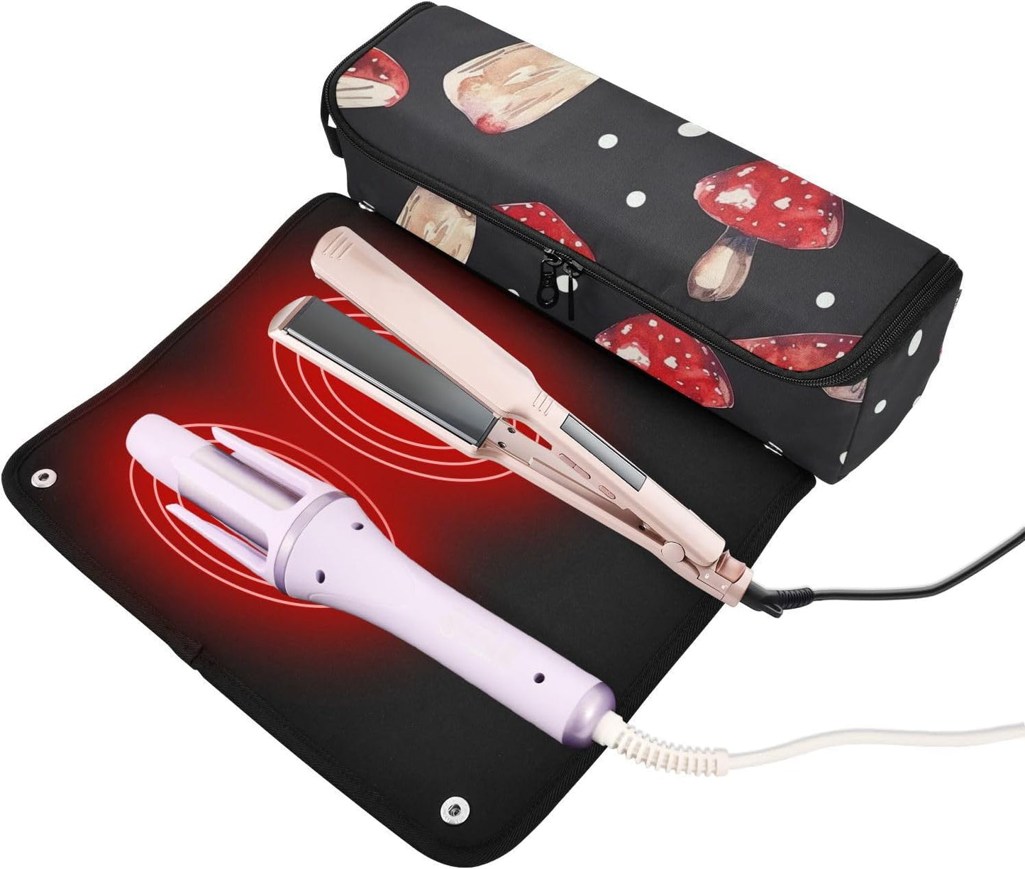 Foiosoh Borsa da viaggio per attrezzi da donna con tappetino in ferro a doppio strato, custodia da viaggio per arricciacapelli, piastra per capelli piatti, funghi rossi e pois bianchi